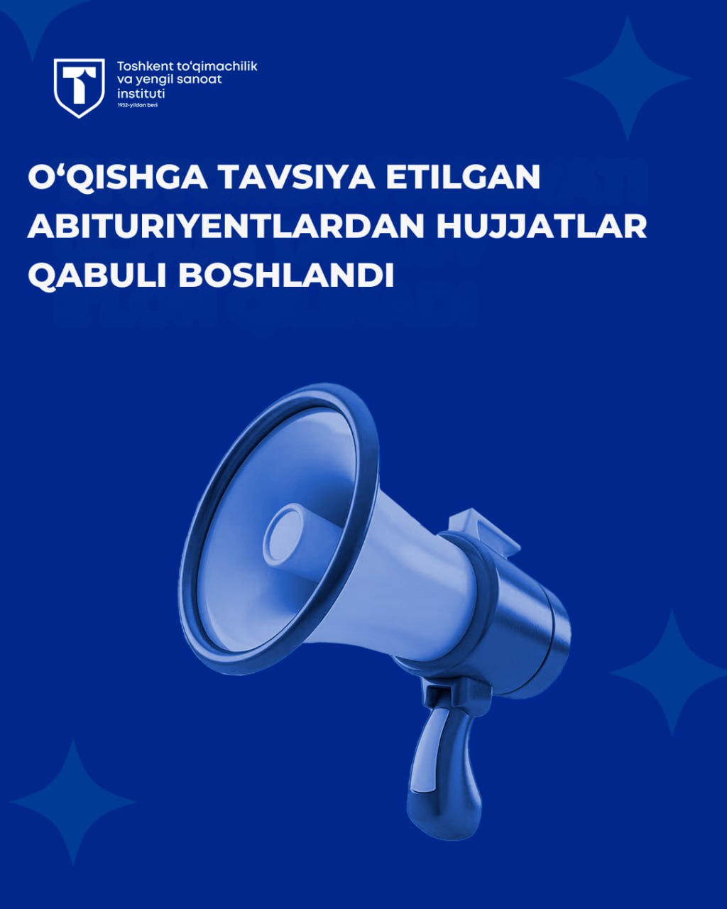 O‘QISHGA TAVSIYA ETILGAN ABITURIYENTLARDAN HUJJATLAR QABULI BOSHLANDI