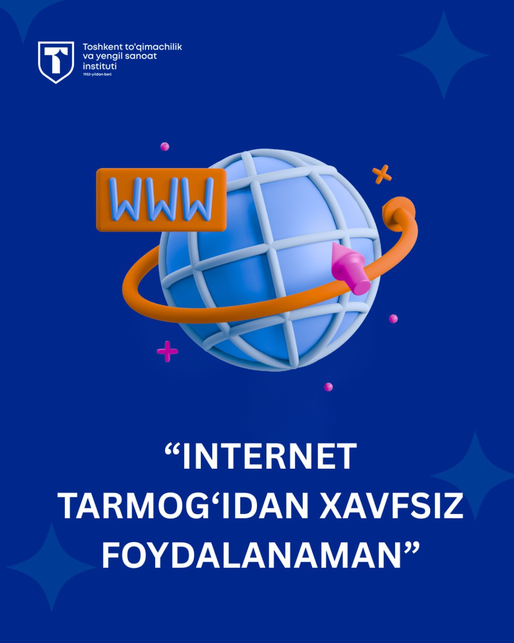 “Internet tarmog‘idan xavfsiz foydalanaman” shiori ostida talabalar, o‘qituvchilar va xodimlar o‘rtasida “kibergigiyena” madaniyatini shakllantirish hamda internetdan xavfsiz foydalanishni targ‘ib etishga qaratilgan respublika tanlovlari e’lon qilindi.